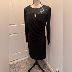 Lauren Ralph Lauren Evening Sequin Black Dress - Size 10 - Long Sleeve